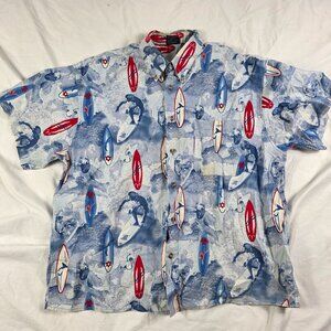 212 NYC Hawaiian Mens Size XL Blue White Button Up Shirt Surfboard Surfer Aloha